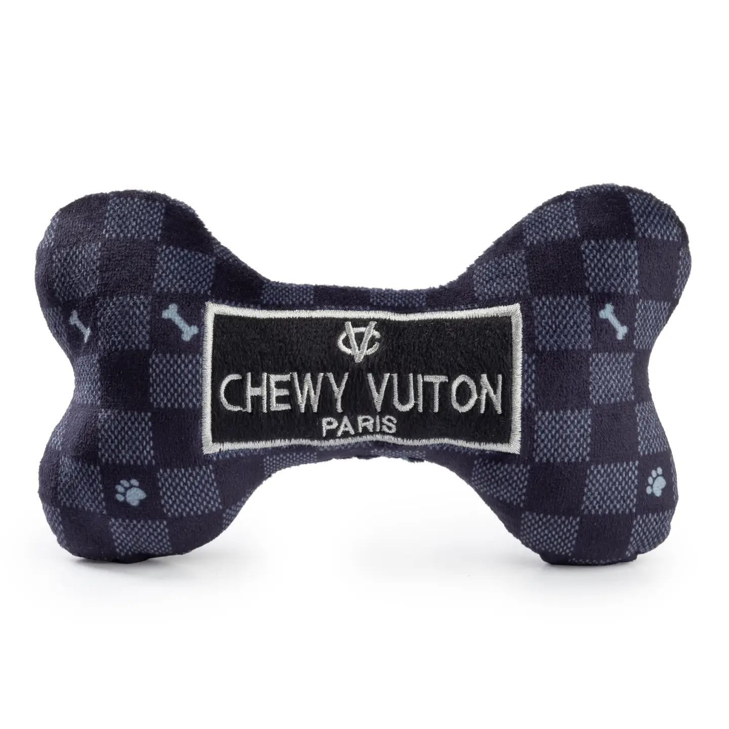 Black Checker Chewy Vuiton Bone Squeaker Dog Toy - Image 3