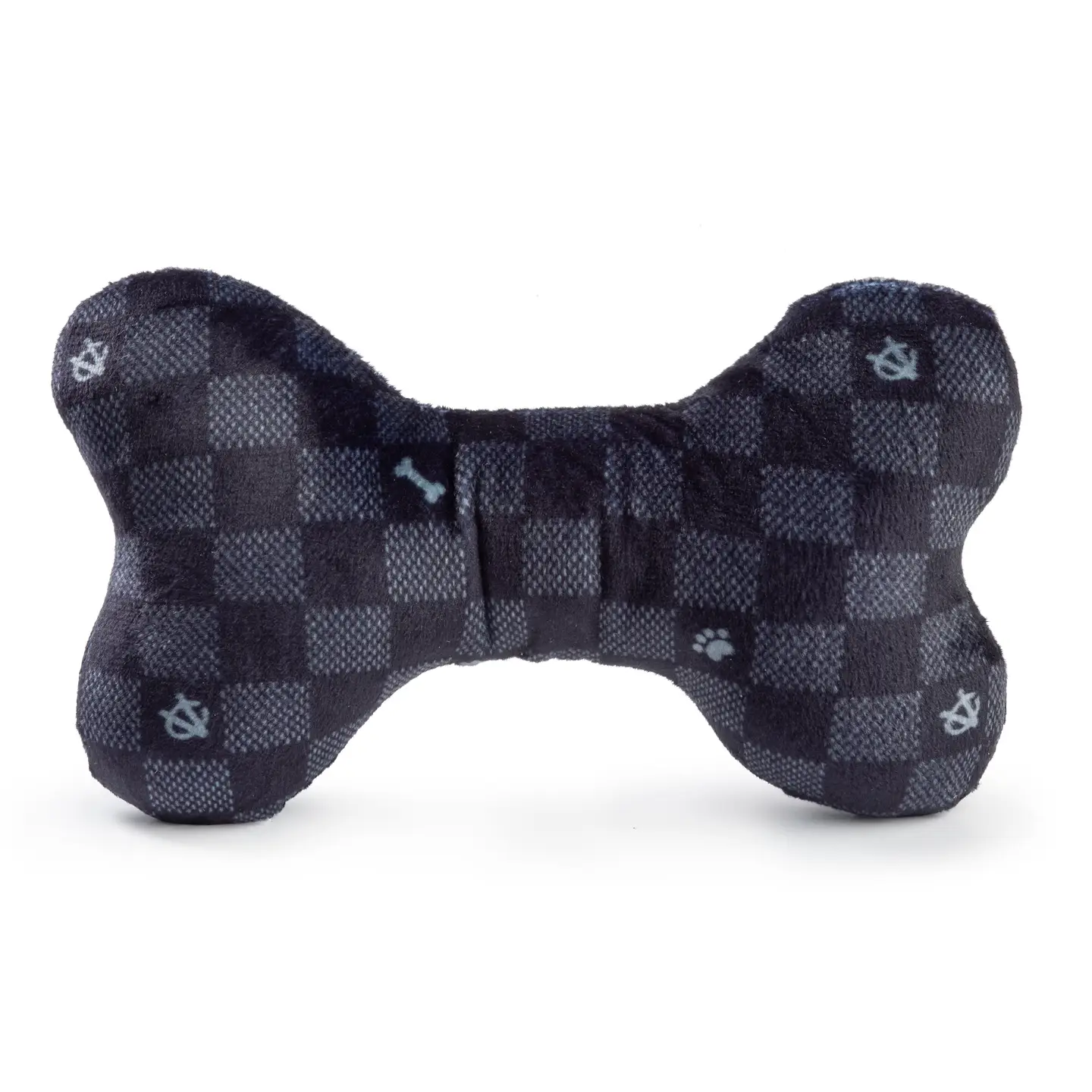 Black Checker Chewy Vuiton Bone Squeaker Dog Toy - Image 4