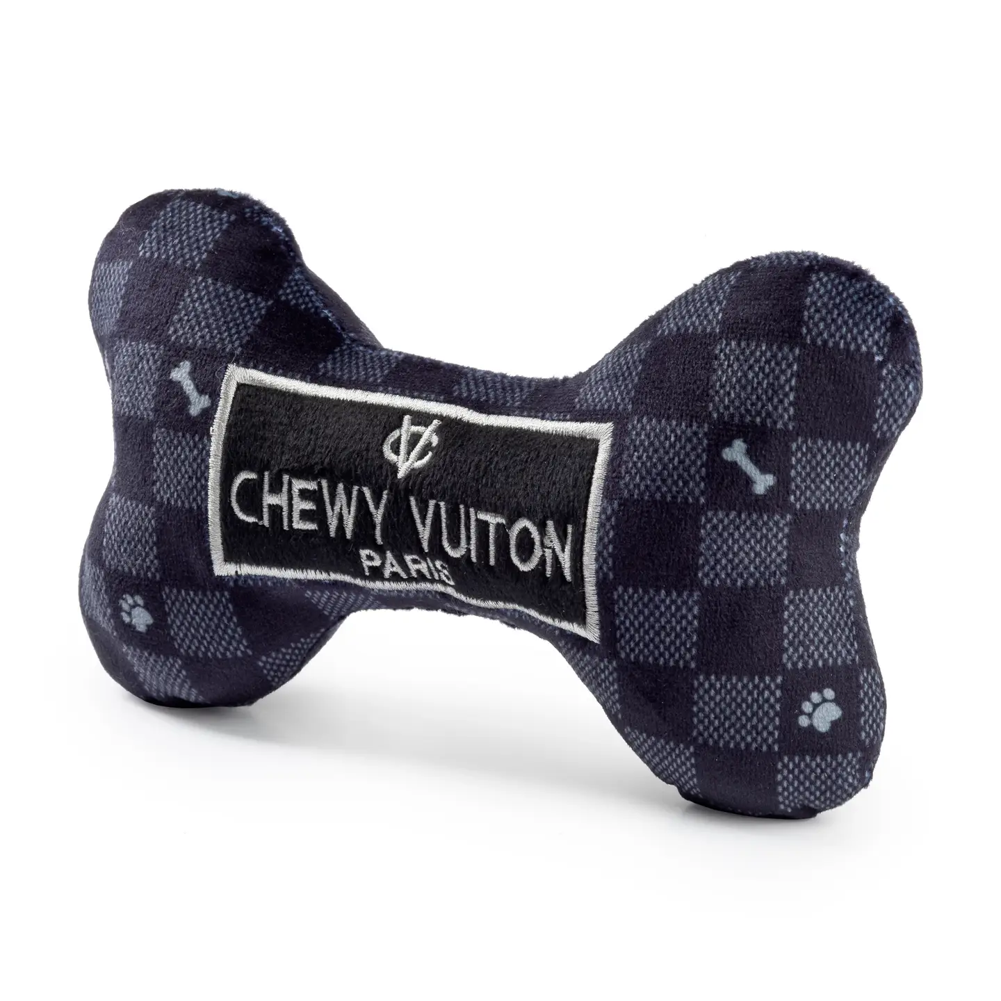 Black Checker Chewy Vuiton Bone Squeaker Dog Toy - Image 2